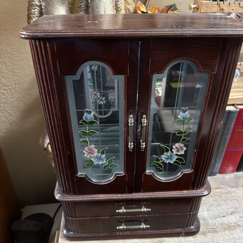 VTG Powell Wooden Jewelry Box Armoire Mrror Drawers Flral Glass Doors 17.5X11
